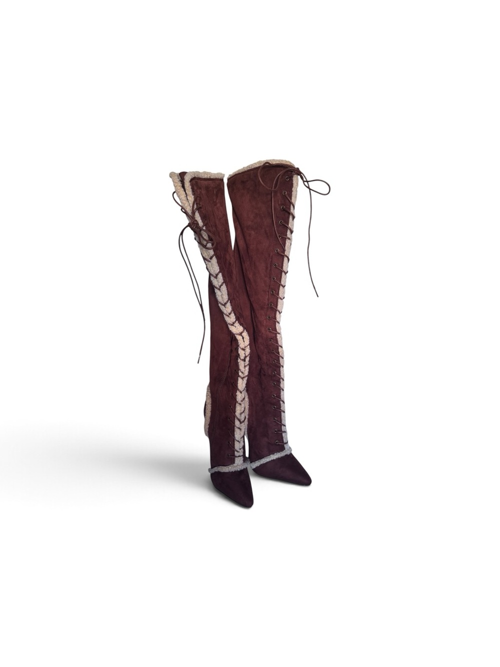 Shoe Dazzle Brown Suede Lace-Up Over-the-Knee Boots with Cream Trim